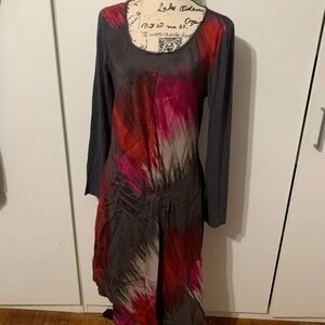 Stylish Silk DKNY Pure Gray and Red Long Sleeve Dress